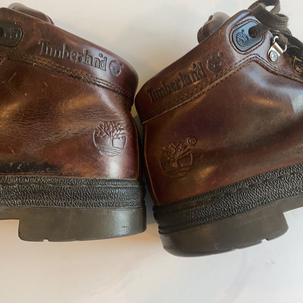 Timberland Brown Leather Hiking Ankle Boots Preowned Women Sz.6M man made soles - Picture 7 of 8